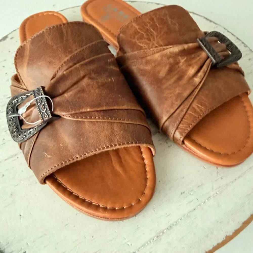 Lane Boots PONY UP Western Sandals Brown Leather Cowgirl Slip on Buckle Flats 10